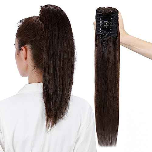 MY-LADY Ponytail Extension Human Hair Claw Clip in Ponytail Hair Extension Long Straight Pony Tail Hair Extensions Real Human Hair for Women Dark Brown 14 Inch 105g