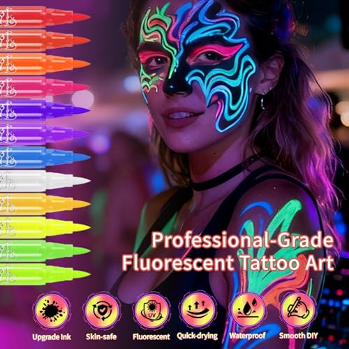 Fluorescent Body Paint Markers, 12 Colors Glow in UV Light with 6 Stencils