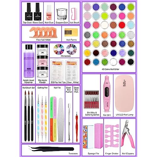 Professional Acrylic Nail Kit for Beginners - 42 Colors Glitter Powder, Liquid, UV Light, Drill, Practice Finger Nail Bag Organizer Case