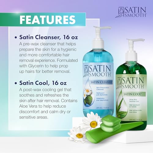 SATIN SMOOTH Pre Wax Cleanser & Aloe Vera Post Wax Cooling Gel Duo - Hair Removal Prep and Aftercare Kit, 16 oz