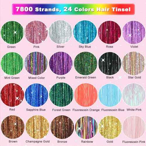 Hair Tinsel 24 Colors 7800 Strands Hair Tinsel Kit with Tools 48 Inch Glitter Tinsel Hair Extensions Festive Party Fairy Hair Tinsel Kit for Women Girls Hair Accessories