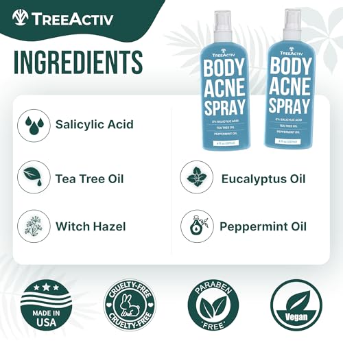 TreeActiv Body & Back Acne Spray, Original Formula, 8 fl oz, 2% Salicylic Acid, Helps Clear Cystic & Body Acne on Chest, Shoulders & More, For Teens & Adults