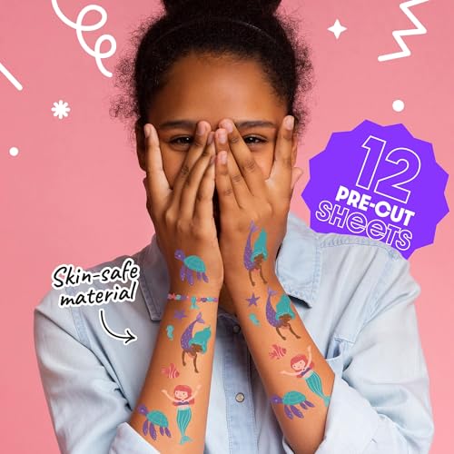 Mermaid Temporary Tattoos for Kids, 12 Sheets with 84 Designs