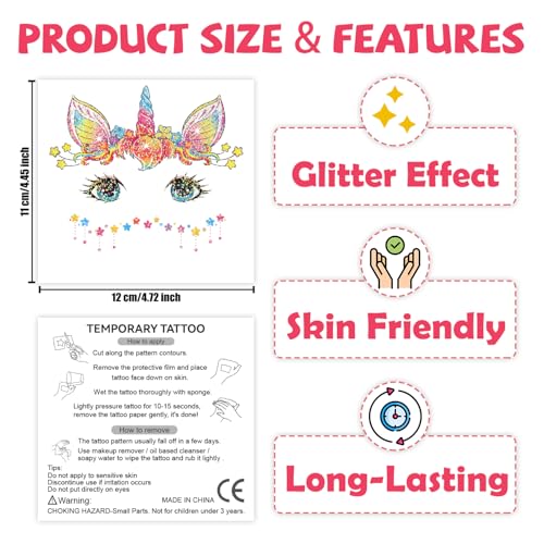 Glitter Face Tattoos for Kids - 24 Sheets, Waterproof
