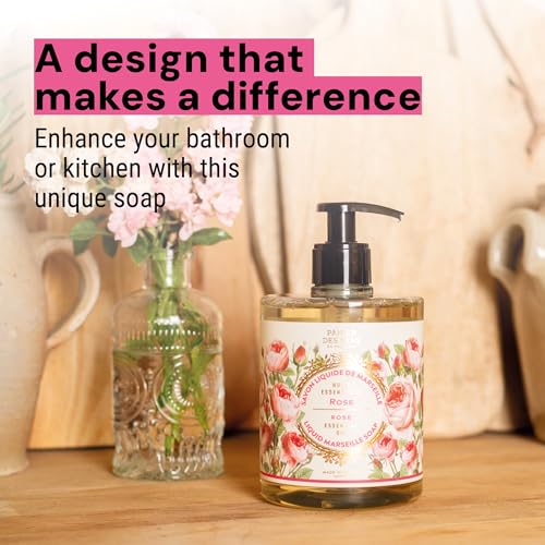 Panier des Sens - Rose Marseille Liquid Hand Soap + 2 Hand Soap Refills - Moisturizing Soap with Coconut Oil - Bathroom & Kitchen Foaming Soap - 96% Natural Ingredients Hand Wash - 50.7 Fl.oz