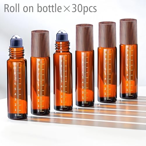 30pcs Essential Oil Roller Bottles, Amber Glass Roller Balls for Essential Oils, 10ml Empty Rollerball Bottles for Travel Refillable Roll on Perfume