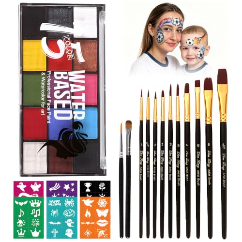 Face Painting Kit - 15 Colors, 10 Brushes & 41 Stencils