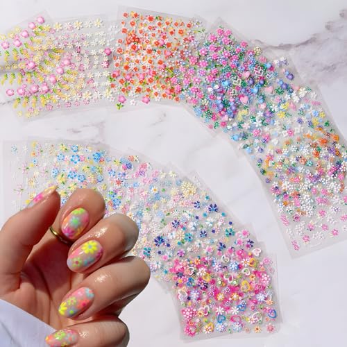 3D Flower Nail Art Stickers Decals, 30 Sheets Cute Daisy & Heart Designs