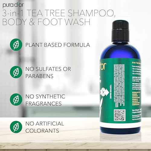PURA D'OR 16 Oz 3-in-1 Tea Tree Shampoo, Body & Foot Wash, Shampoo - Total Body Care - Foot Odor & Daily Hygiene, Cleansing Routine, Post-Workout Refreshment - Soothes, Invigorates, Nourishes