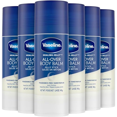 Vaseline All Over Body Balm Jelly Stick, Travel Size ? Chafing Stick, Lotion for Extremely Dry Skin, Petroleum Jelly Sticks with Vitamin E for Glowing Skin, Unscented, 1.4 Oz Ea (Pack of 6)