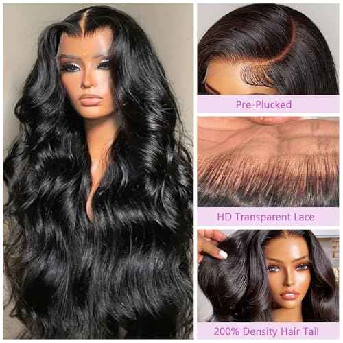 30 Inch Lace Front Wig Human Hair Pre Plucked 13x6 Body Wave HD Lace Front Wigs for Women Natural Black 200% Density Glueless Wigs with Baby Hair