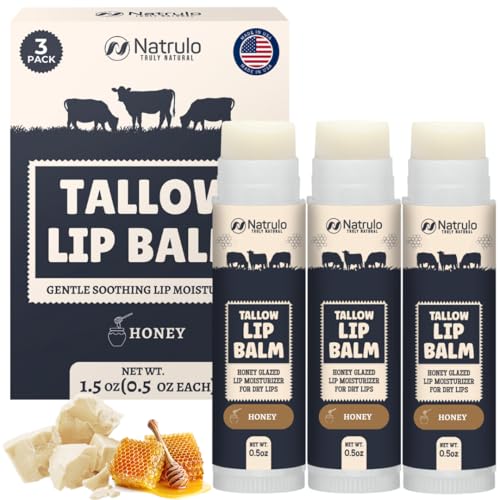 Beef Tallow Lip Balm ? Natural Tallow Beeswax Chapstick ? Hydrating Moisturizer Grass Fed Bison Tallow Balm Lip Care ? Soothes Chapped Dry Lips, Sensitive Skin ? Long Lasting Vitamin Rich USA-Made 3Pk