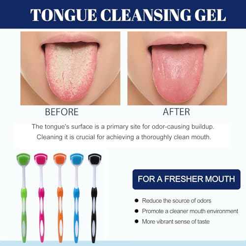 e Scraper and Brush for Adults, 5-Pack with Travel Case, Micro Bristle Tongue Cleaner (5 Colors)