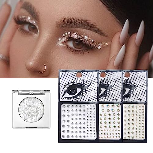 Silver Glitter Eyeshadow & 3Pcs Face Gems Stick on Set, Shimmer Cream Eye Shadow & Hair Jewels Face Rhinestones, Single Eyeshadow Palette & Body Gems Diamonds for Eye Makeup