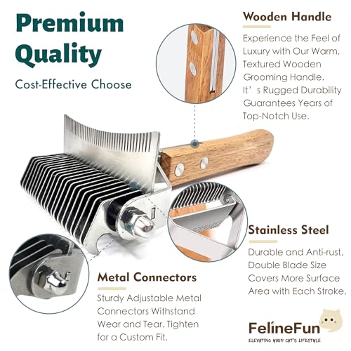FelineFun Cat Grooming Brush for Dematting & Shedding - 2-in-1 Undercoat Rake for Long & Indoor Cats