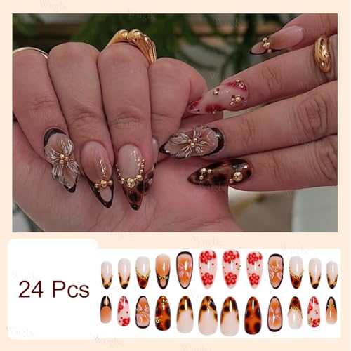 Press On Nails Medium Almond Leopard Gold Flower 24pcs