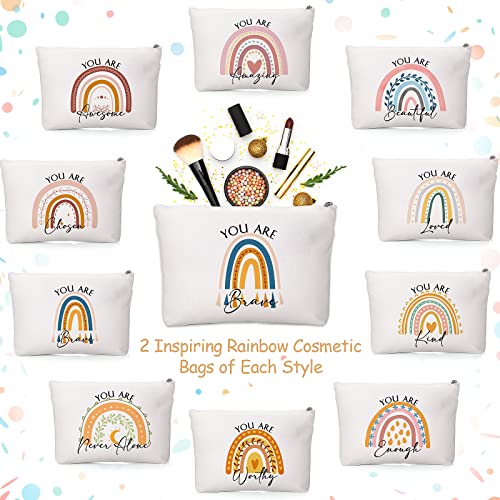 Coume 20 Pcs Employee Appreciation Gift Inspirational Canvas Makeup Bag Cosmetic Bag Zipper Travel Toiletry Pouch Bulk Gifts for Women Coworker Friend(Rainbow)