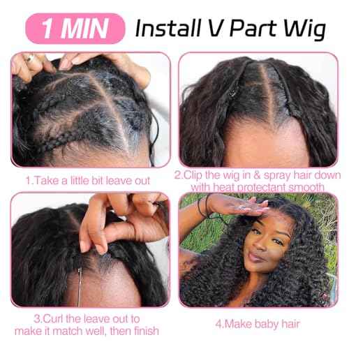 V Part Burmese Curly Wig Human Hair 200% Density Upgrade U Part Wig with Drawstring No Leave Out Glueless V Shape Full Head Clip In Half Wig Curly Human Hair Wig for Women Natural Color 26 Inch