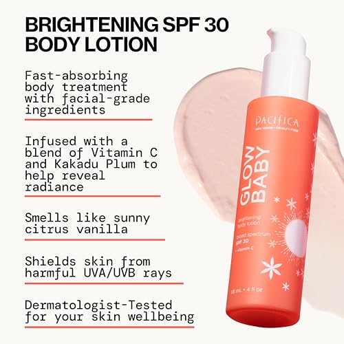 Pacifica Glow Baby Vitamin C SPF 30 Body Lotion ? Brightening Daily Moisturizer + Broad Spectrum Sun Protection, Hydrating No White Cast Sunscreen for Glowing Skin, Clean Vegan & Cruelty-Free Skincare