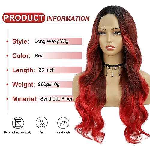 Red Wavy Wig 26 Inch Long Red Ombre Wigs for Women Ombre Red Middle Part Wig Synthetic Heat Resistant for Daily Party Use (Ombre Red 26 Inch)