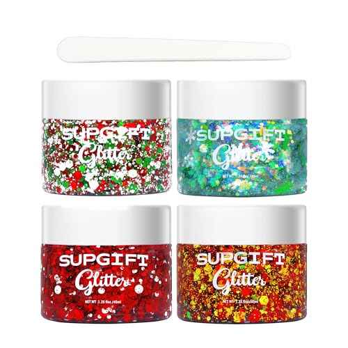 Christmas Body Glitter Gel SUPGIFT 4 Colors 8.5oz Holographic Chunky Mermaid Iridescent Laser Liquid Star Flower Leaf Sequins for Makeup Face Eyeshadow Hair with Spoon