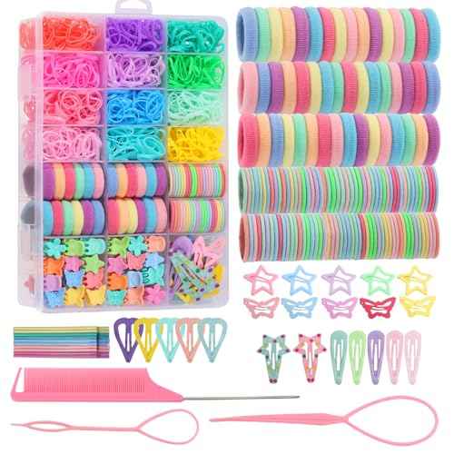 Hair Ties, Hair Accessories for Girls, 1350P Colorful Hair Ties Set with 72P Hair Clips, Bobby Pins for Toddlers, Butterfly Hair Clips for Kids, Hair Barrettes with Hair Comb Set & Organizer Box