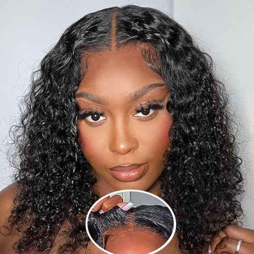 Wear and Go Glueless Wig Bob Wig Human Hair Glueless Wigs Human Hair Pre Plucked Pre-Cut for Beginners 180% Density Deep Wave Curly Lace Front Wig 16 Inch Natural Black