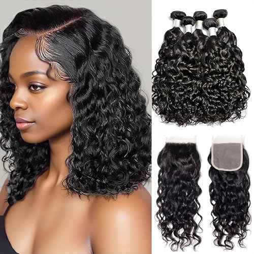 Brazilian Water Wave 5Bundles(50g/bundle) with 4x4 Lace Closure Wet and Wavy Bundles With Closure Deep Curly Human Hair Bundles with Closure(10/10/10/10/10+10)