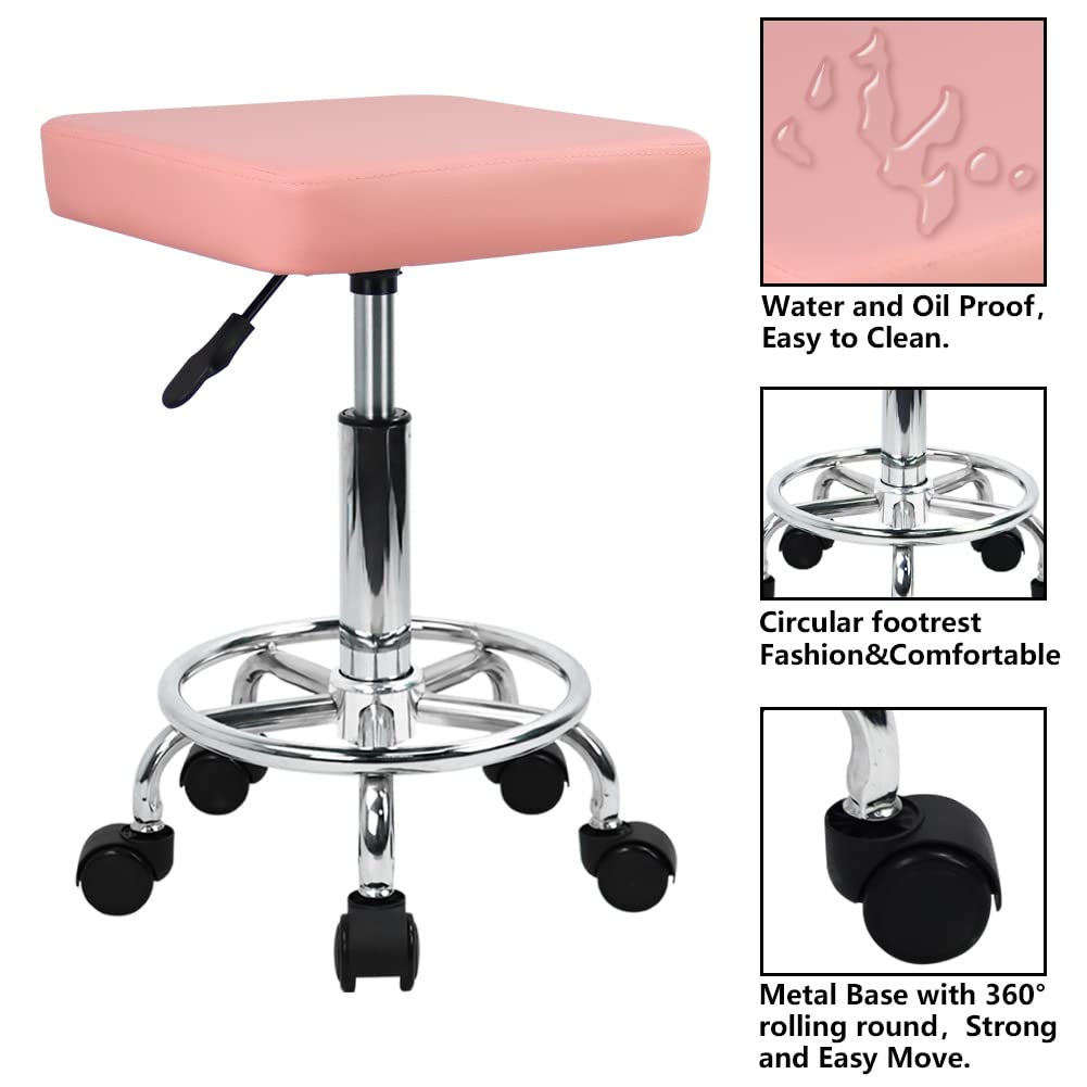 KKTONER Square Rolling Stool with Foot Rest PU Leather Height Adjustable Spa Drafting Salon Tattoo Work Swivel Stools Task Chair Small (Pink)