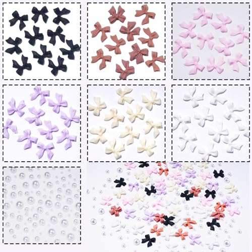 Color Bows Nail Charms Pink White Purple Beige Black Bowknot 3D Cute Nail Charms White Flatback Nail Pearls for Manicure DIY Crafts Jewel Accessories