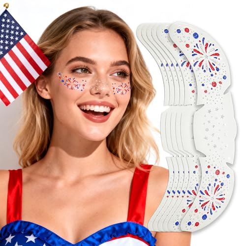 Go Ho 6PC Fireworks Glitter Freckles Face Tattoos for 4th of July, Patriotic Sparkle Stickers for Women & Kids