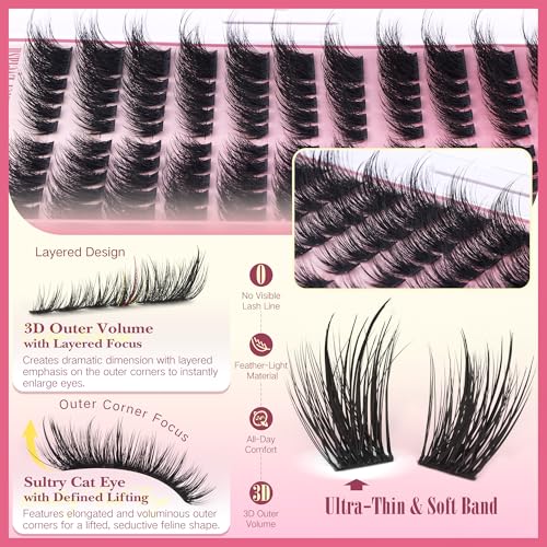 Cat Eye Eyelash Clusters Volume Spiky Manga Wispy Cluster Eyelash Extensions Fairy Lash Clusters 10-18mm DIY Individual Lash Extension Lightweight Lashes Clusters