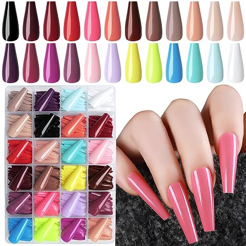 Lifextol Coffin Press on Nails Long, 576pc Colored Fake Nails Medium Length Press on Nail Coffin Full Cover Acrylic Tips Presson Artificial Fingernails Glue Tab False Nail for Women Girls Kids