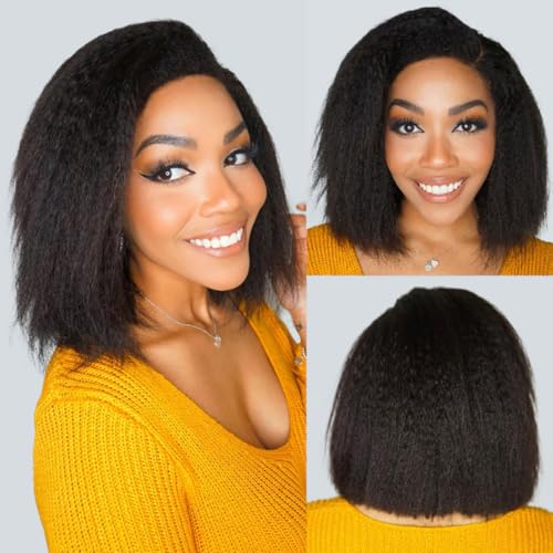 Kinky Straight Bob Human Hair Wig for Black Women - 12 Inch Glueless