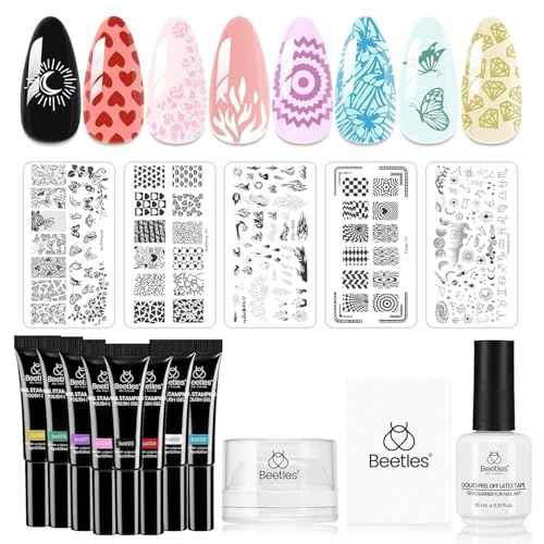 Beetles Nail Stamp Gel 16Pcs French Tip Nail Stamp Kit with 8 Colors Stamper Gel Polish, 5 Nail Stamping Templates, Scrapers, Liquid Latex & Short Silicone Stamper Gift for Women