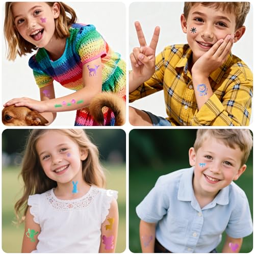 Temporary Tattoo Markers for Kids, 8 Metallic Markers and 135+ Temporary Tattoo Stencils for Christmas Party Favor, Cosmetic Tattoos Pens for Skin, Cartoon Animal