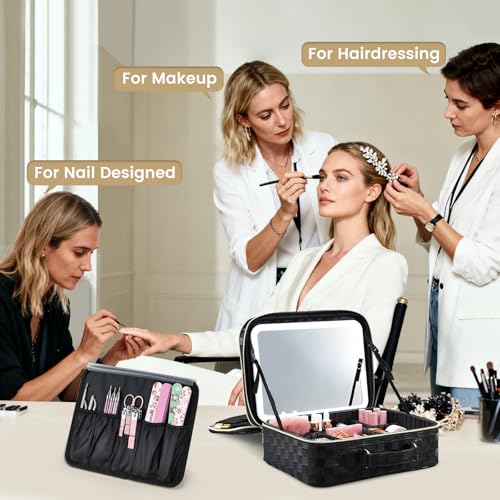 Makeup Bag with LED Lighted Mirror & Brush Holder
