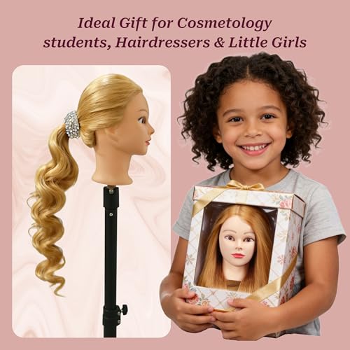 26-28 Inch Mannequin Head with Real Human Hair for Hairdressing Practice, Blonde Model, Includes Clamp & Tools