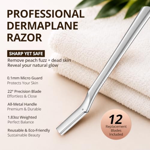 Metal Dermaplane Razor for Face & Brows - Reusable Silver Facial Hair Remover with 12 Blades