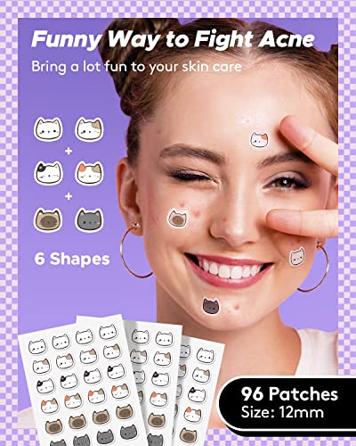 LitBear Acne Patch Pimple Patch, Cat Shaped Acne Absorbing Cover Patch, Hydrocolloid Acne Patches For Face Zit Patch Acne Dots, Tea Tree Oil & Salicylic Acid, 96 Patches, 12mm