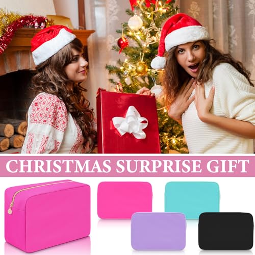 Hushee 4 Pcs Nylon Makeup Bag Travel Makeup Bags for Women Preppy Zipper Pouch Nylon Toiletry Bag Waterproof Storage Organizer(Large,Black, Fuchsia, Mint, Grape)