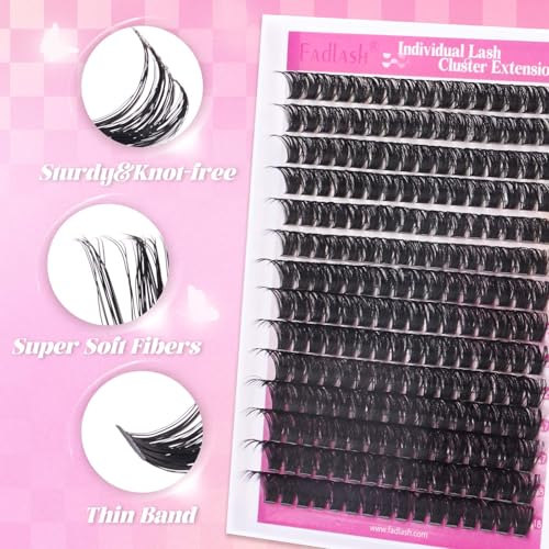 FADLASH Lash Extension Kit Volume Fluffy Lashes Clusters D Curl Eyelash Extensions with Bond and Seal Tweezers for DIY at Home Natural and Soft (100D-0.07D-12-18MIX KIT)