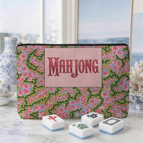 Pink Floral Mahjong Tile Bag - Durable Zippered Pouch for Accessories