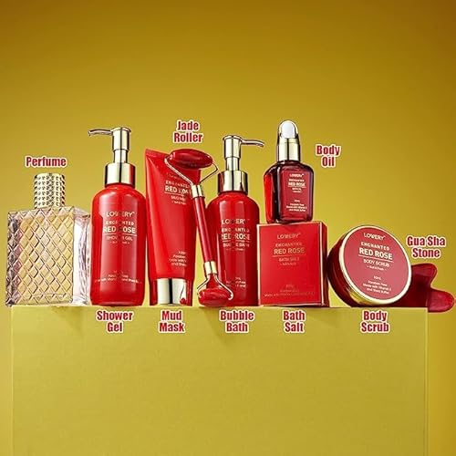 Anniversary Gifts for Her, Red Rose Spa Gifts for Women, Bath and Body Gift Set, Pampering Gift Basket, Birthday Gifts for Mom with Perfume, Jade Roller, Quartz Gua Sha Stone & More