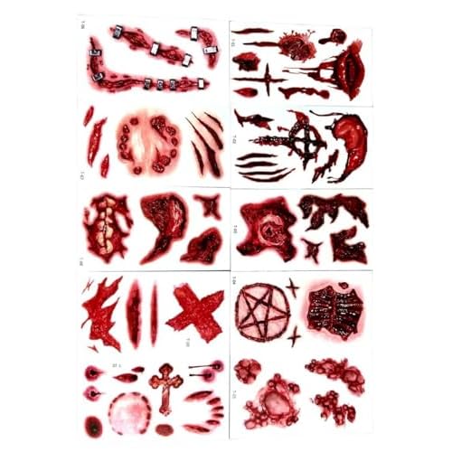 Halloween Scar Temporary Tattoos, 3D Waterproof Prank Zombie Party Temporary Tattoo Sticker, Realistic Simulation Blood Wound Stitch Tattoo Sticker (Halloween Scar T Series 20PC)