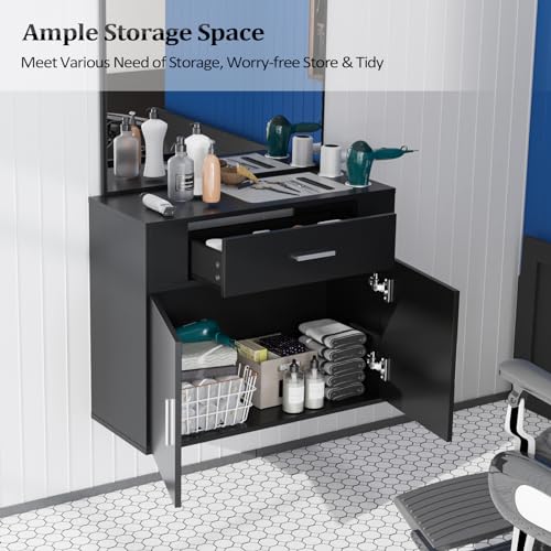 OmySalon Wall Mount Salon Station with Mirror & Storage