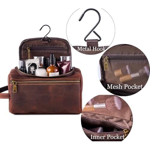 EURYNOME Leather Unisex Toiletry Bag Travel, Genuine Leather Shaving Dopp Kit - Mens Toiletry Bag With Hook -Makeup Cosmetic Organizer Kit - Men Travel Toiletries Bag Groomsmen Gift