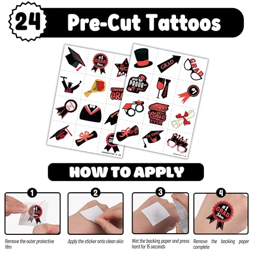 48 PCS 2025 Graduation 24PCS Temporary Tattoos Stickers 24PCS Slap Bracelets Wristbands Perfect for Themed Class Party Supplies Grad & So Proud of You High School College (Red)