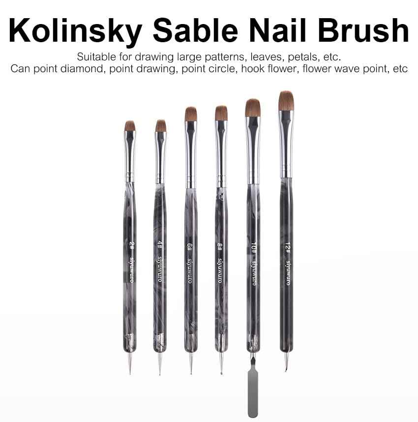 siyuwuro 6Pcs Kolinsky Sable Nail Brush French Nail Brush 2 Way Professional UV Gel Acrylic Nail Art Brush with Dotting Tool for French Manicure Cuticle Clean Up Nail Art Design Pen (Set)