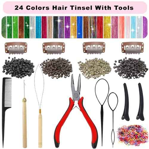 Hair Tinsel 24 Colors 7800 Strands Hair Tinsel Kit with Tools 48 Inch Glitter Tinsel Hair Extensions Festive Party Fairy Hair Tinsel Kit for Women Girls Hair Accessories